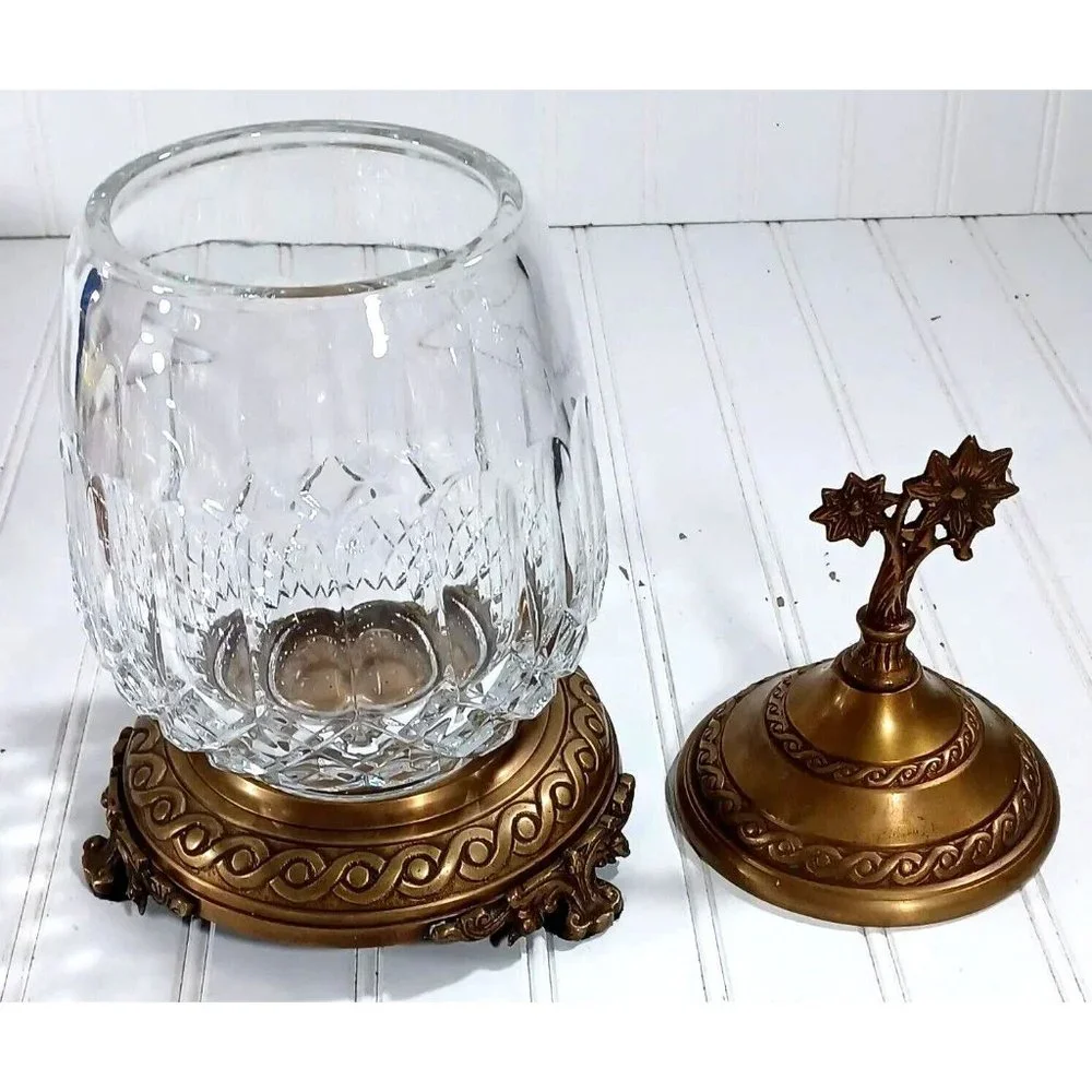 CASTILIAN  LEAD CUT CRYSTAL BRONZE PEDESTAL CANDLE LAMP CENTERPIECE BOWL VASE - Picture 3 of 11